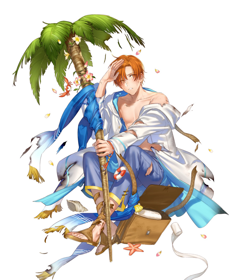 abs bag bandages bracelet coconut_tree fire_emblem fire_emblem:_radiant_dawn fire_emblem_heroes flower full_body highres injury jewelry kippu leaf navel official_art one_eye_closed open_clothes open_shirt orange_eyes orange_hair palm_tree petals rhys_(fire_emblem) sandals seashell shell sitting staff starfish teeth torn_clothes transparent_background tree