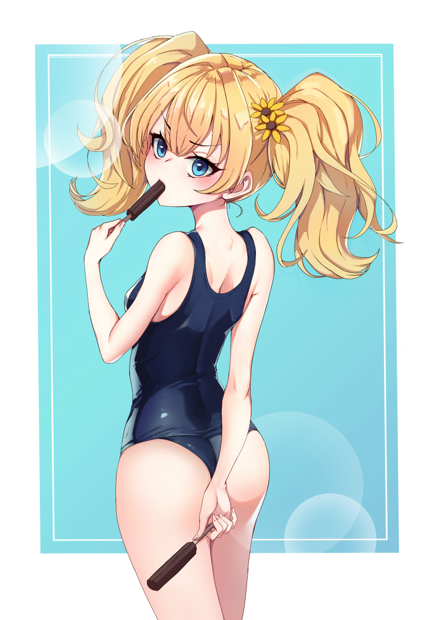 1girl absurdres ass back bangs blonde_hair blue_eyes blue_swimsuit blush breasts chirang eyebrows_visible_through_hair flower food hair_flower hair_ornament highres huge_filesize long_hair monika_weisswind one-piece_swimsuit popsicle princess_connect! princess_connect!_re:dive school_swimsuit small_breasts solo swimsuit twintails