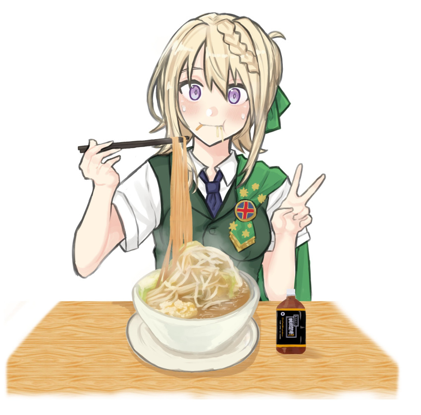 1girl badge blonde_hair blue_neckwear bottle braid braided_bun cape commentary_request dokuganryuu dress_shirt eating food green_cape green_vest highres kantai_collection looking_at_viewer necktie noodles perth_(kantai_collection) ramen school_uniform shirt short_hair short_sleeves simple_background solo table upper_body v vest violet_eyes white_background white_shirt