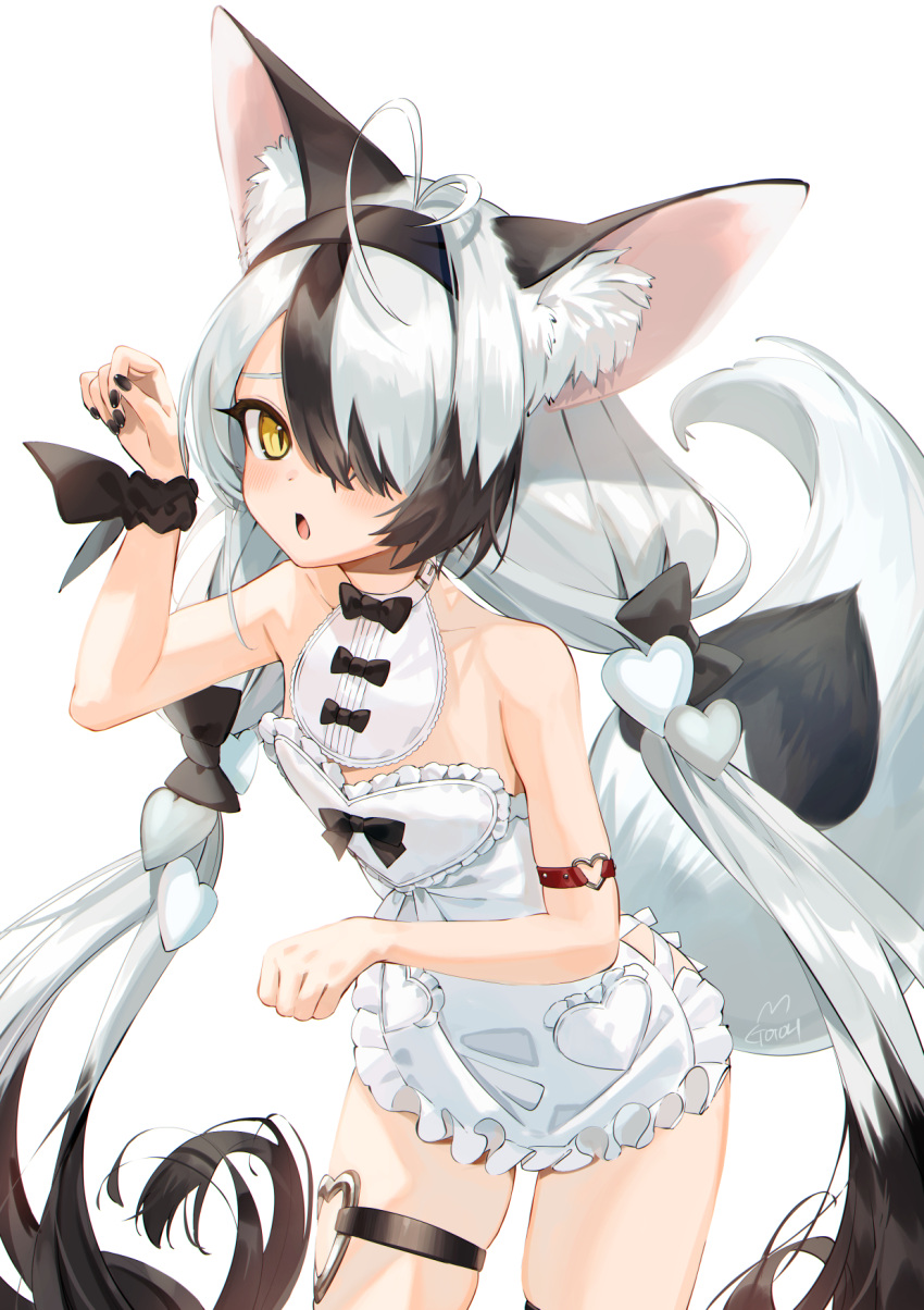 1girl animal_ear_fluff animal_ears antenna_hair apron arm_strap black_bow black_hair black_hairband black_nails blush boots bow breasts commentary_request detached_collar frilled_apron frills gotoh510 hair_bow hair_ornament hair_over_one_eye hairband heart heart_hair_ornament highres long_hair multicolored_hair nail_polish naked_apron open_mouth original paw_pose silver_hair simple_background slit_pupils solo tail thigh-highs thigh_boots two-tone_hair white_apron white_background yellow_eyes