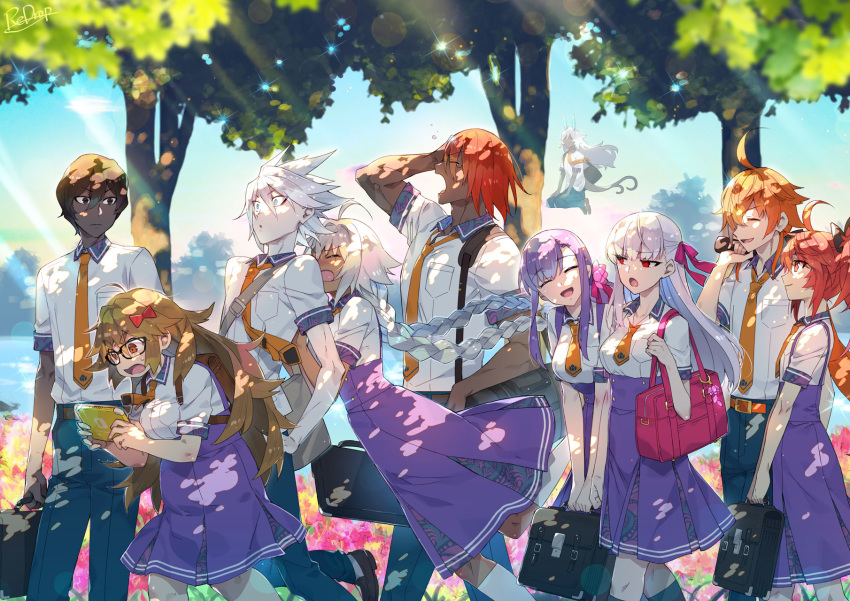 5boys 5girls ahoge arjuna_(fate/grand_order) arjuna_alter ashwatthama_(fate/grand_order) bag belt black_eyes black_hair blue_eyes blue_pants blue_skirt blue_sky blush bow braid breasts brown_eyes brown_hair closed_eyes closed_mouth collared_shirt contemporary dark_skin dark_skinned_male dual_persona eyeshadow fate/apocrypha fate/extra fate/extra_ccc fate/grand_order fate_(series) floating flower ganesha_(fate) glasses hair_bow hair_flower hair_ornament hair_ribbon handheld_game_console highres horns jinako_carigiri kama_(fate/grand_order) karna_(fate) kneehighs lakshmibai_(fate/grand_order) large_breasts long_hair long_skirt makeup matou_sakura messy_hair multiple_boys multiple_girls necktie nintendo nintendo_switch open_mouth orange_hair outdoors pants parvati_(fate/grand_order) pink_ribbon ponytail purple_hair rama_(fate/grand_order) red_eyes red_eyeshadow redhead redrop ribbon school_bag school_uniform seiza shirt short_hair short_sleeves sidelocks silver_hair sita_(fate/grand_order) sitting skirt sky small_breasts smile tree twin_braids very_long_hair white_hair white_shirt yawning yellow_neckwear