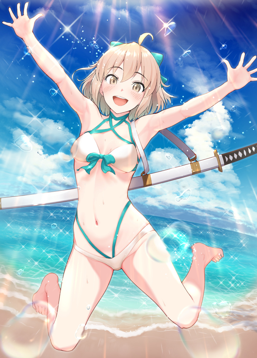 1girl :d ahoge armpits beach blonde_hair blue_bow blush bow clip_studio_paint_(medium) clouds collarbone day fate/grand_order fate_(series) hair_bow highres jumping katana kozuka_yasushi looking_at_viewer okita_souji_(fate) okita_souji_(fate)_(all) open_mouth sheath sky smile solo swimsuit sword water weapon yellow_eyes