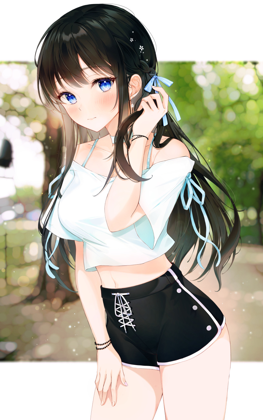1girl 3: absurdres bare_shoulders black_hair black_shorts blue_eyes blurry bokeh bra_strap bracelet breasts choker collarbone cowboy_shot crop_top crop_top_overhang depth_of_field dolphin_shorts hair_ribbon hand_on_own_thigh hand_up high-waist_shorts highres jewelry lebring long_hair looking_at_viewer medium_breasts midriff navel off-shoulder_shirt off_shoulder original revision ribbon shirt short_shorts short_sleeves shorts sidelocks solo spaghetti_strap standing thighs white_choker white_shirt