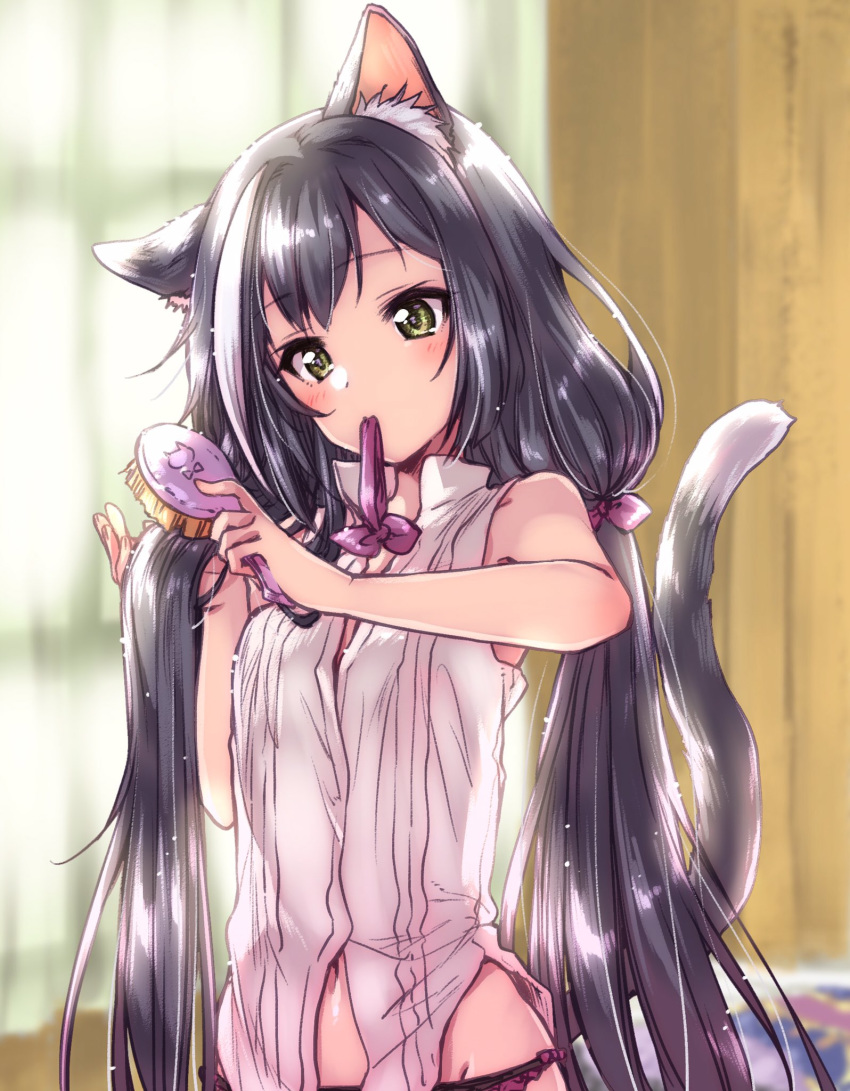1girl animal_ear_fluff animal_ears black_hair blouse cat_ears cat_tail check_commentary commentary commentary_request eyebrows_visible_through_hair green_eyes hair_brush hair_brushing head_tilt highres karyl_(princess_connect!) kuroi_mimei long_hair mouth_hold multicolored_hair partially_unbuttoned partially_undressed princess_connect! princess_connect!_re:dive shirt skirt skirt_removed sleeveless sleeveless_shirt streaked_hair tail tied_hair upper_body very_long_hair