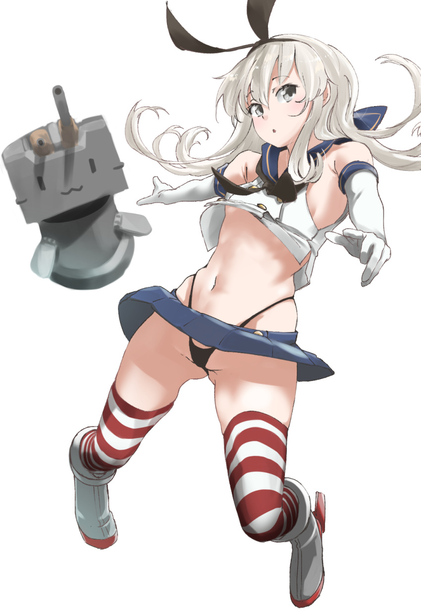 1girl :3 :o anchor_hair_ornament ass_visible_through_thighs bare_shoulders black_hairband black_panties blue_skirt blush breasts crop_top elbow_gloves eyebrows_visible_through_hair full_body gloves grey_eyes groin hair_between_eyes hair_ornament hairband highleg highleg_panties highres kantai_collection long_hair looking_at_viewer microskirt midriff miniskirt navel neckerchief open_mouth panties pantyshot pleated_skirt rensouhou-chan sailor_collar school_uniform serafuku shimakaze_(kantai_collection) silver_hair simple_background skindentation skirt sleeveless small_breasts solo stomach striped striped_legwear tama_(seiga46239239) thigh-highs underwear white_background white_gloves