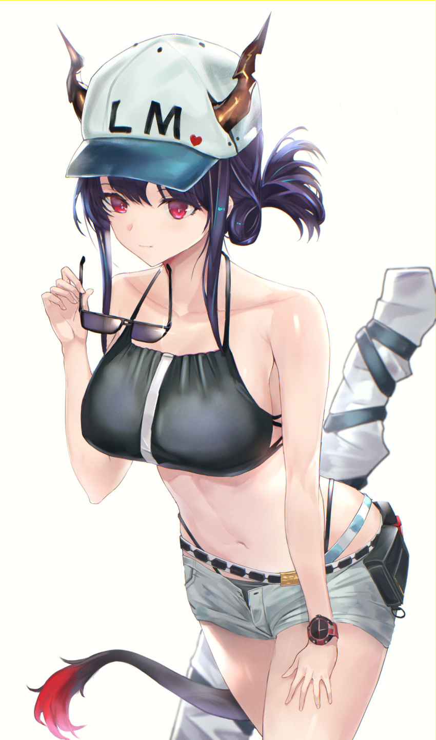 1girl arknights bangs bare_arms bare_shoulders baseball_cap bikini black_bikini blue_hair breasts ch'en_(arknights) commentary_request cowboy_shot dragon_horns dragon_tail grey_shorts halterneck hand_up hat heart highres holding holding_eyewear horns horns_through_headwear large_breasts long_hair navel pouch red_eyes ritta_(abmnoworld) short_shorts shorts sidelocks simple_background solo standing stomach sunglasses swimsuit tail thighs tied_hair watch watch white_background