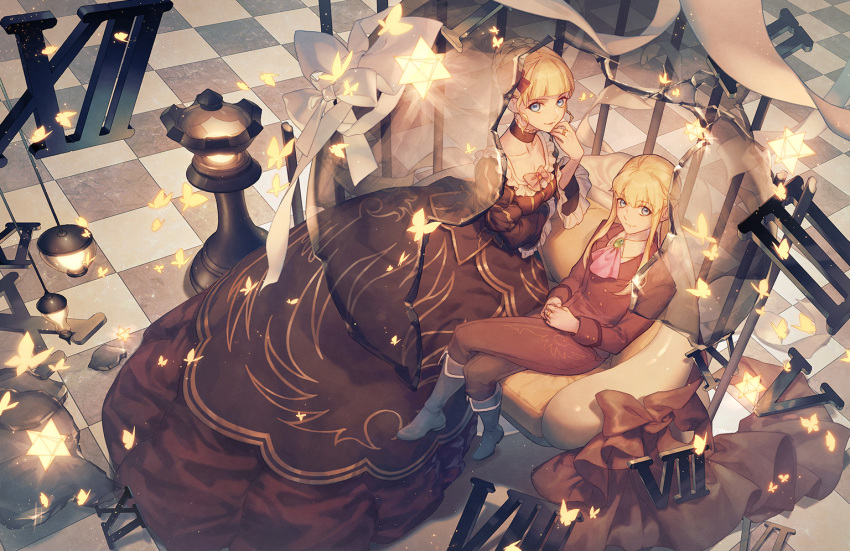 1boy 1girl aluce beatrice blonde_hair blue_eyes boots bow bug butterfly checkered checkered_floor chess_piece choker collared_shirt couch cravat crossed_legs dress flower hair_bun hair_flower hair_ornament insect jewelry ponytail red_flower red_rose ring roman_numerals rose shirt sitting smile umineko_no_naku_koro_ni ushiromiya_lion wide_sleeves