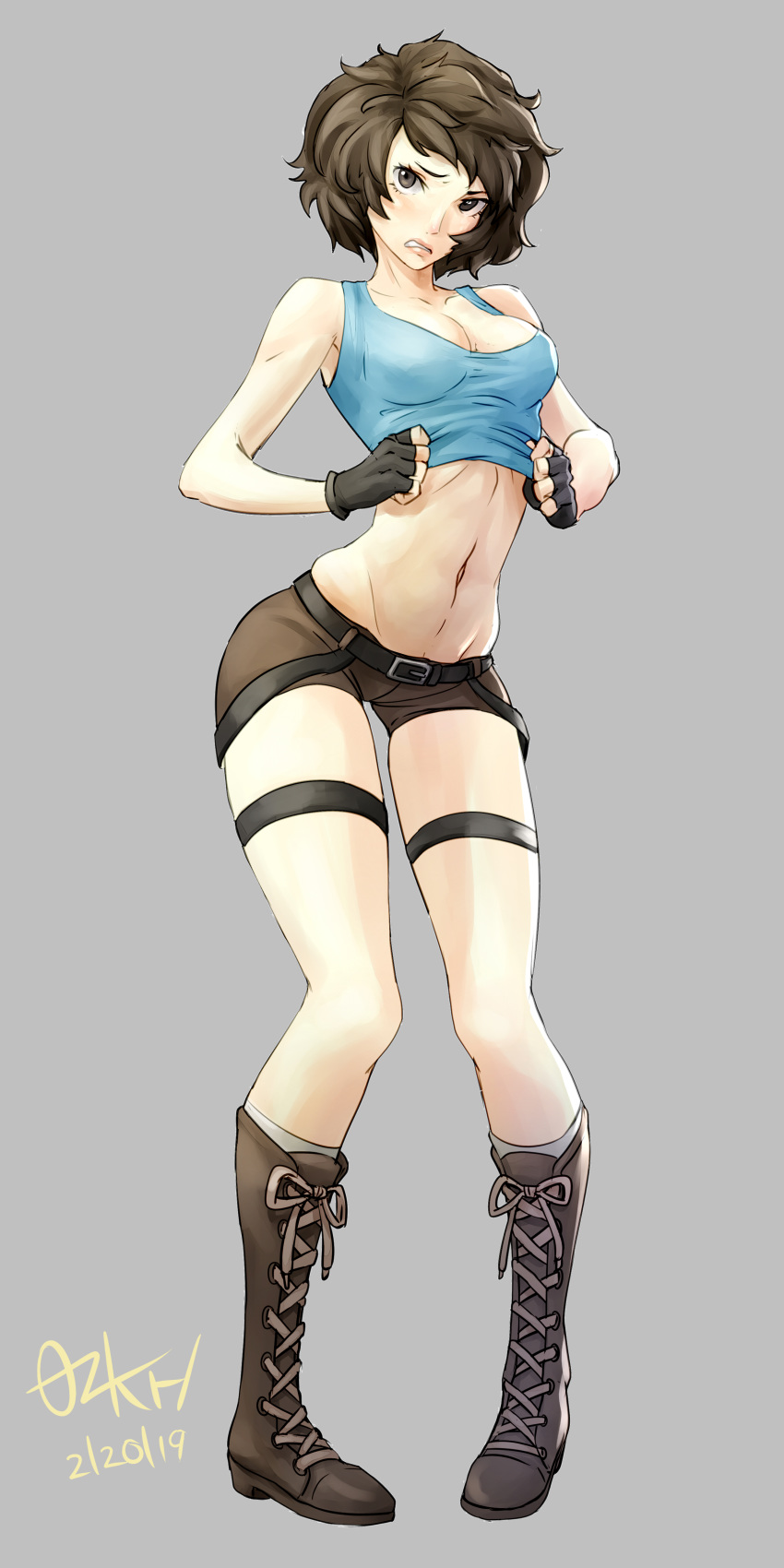 1girl 2019 absurdres alternate_costume bangs bare_shoulders belt boots breasts brown_eyes brown_hair commentary_request cosplay dated embarrassed eyebrows eyelashes female fingerless_gloves full_body gloves grey_background highres holding_clothes kawakami_sadayo lara_croft lara_croft_(cosplay) looking_at_viewer midriff navel ozkh persona persona_5 short_hair shorts signature simple_background solo standing tank_top tomb_raider