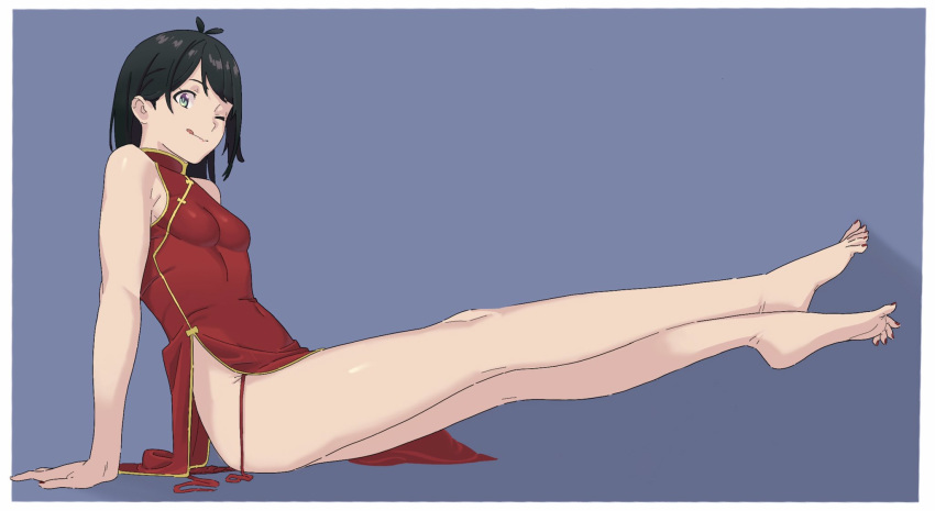 1girl ;p ahoge antenna_hair arm_support bangs bare_arms bare_legs bare_shoulders barefoot black_hair blue_eyes breasts china_dress chinese_clothes closed_mouth commentary_request dress feet from_side full_body highres legs long_hair looking_at_viewer nail_polish one_eye_closed original panties red_dress side-tie_panties side_slit simple_background sitting small_breasts smile solo string_panties tongue tongue_out ult_one underwear untied untied_panties