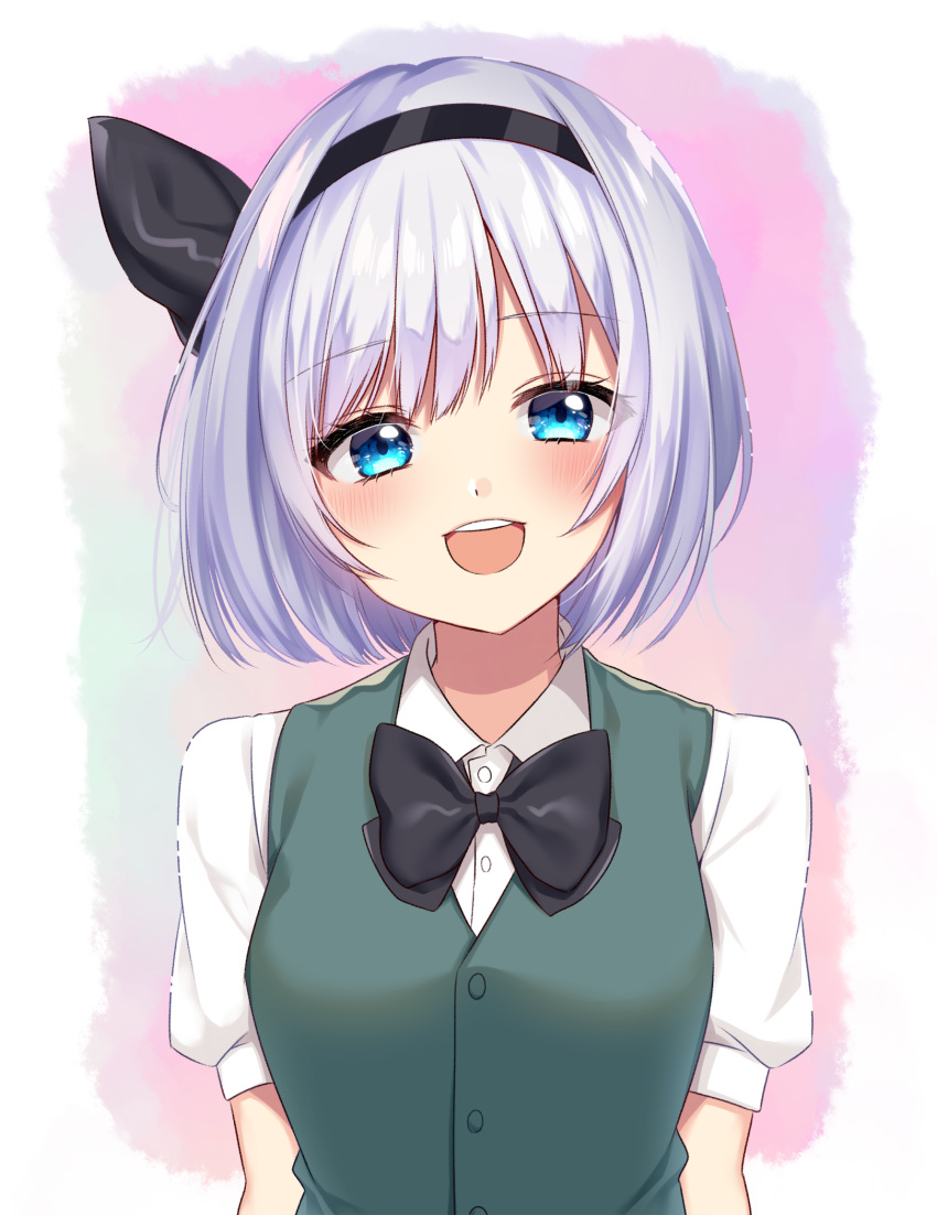 1girl :d bangs black_bow black_hairband black_neckwear black_ribbon blue_eyes blush border bow bowtie collared_shirt commentary_request eyebrows_visible_through_hair gradient gradient_background green_vest hair_ribbon hairband highres konpaku_youmu looking_at_viewer open_mouth outside_border ribbon round_teeth shiki_(s1k1xxx) shirt short_hair short_sleeves silver_hair smile solo teeth touhou upper_body upper_teeth vest white_border white_shirt