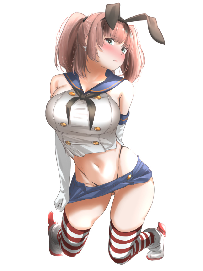 1girl alternate_costume ass_visible_through_thighs atlanta_(kantai_collection) bare_shoulders black_neckwear black_panties blue_skirt blush breasts brown_hair collarbone commentary_request cosplay crop_top earrings elbow_gloves eyebrows_visible_through_hair full_body gloves groin hair_ornament hairband highleg highleg_panties highres jewelry kantai_collection kneeling large_breasts long_hair looking_at_viewer microskirt midriff miniskirt navel neckerchief panties ponytail rudder_footwear sailor_collar shimakaze_(kantai_collection) shimakaze_(kantai_collection)_(cosplay) shirt simple_background skindentation skirt solo string_panties striped striped_legwear tama_(seiga46239239) thigh-highs thong underwear white_background white_gloves