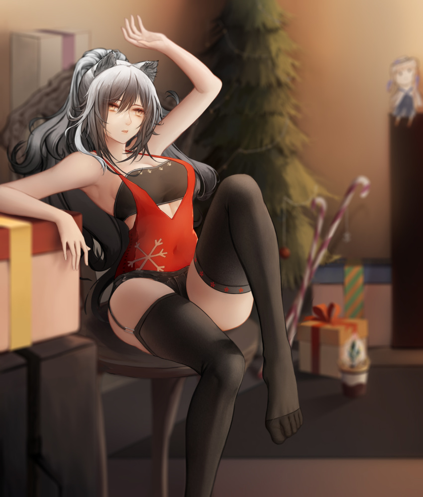 1girl animal_ears arknights arm_up bandeau bangs bare_arms bare_shoulders black_legwear black_shorts blurry blurry_background box breasts brown_eyes cat_ears ceylon_(arknights) chair character_doll christmas_tree commentary_request feet_out_of_frame garter_straps gift gift_box hair_between_eyes highres indoors long_hair medium_breasts micro_shorts no_shoes schwarz_(arknights) shorts silver_hair sitting solo strapless thigh-highs thighs tubetop zhi_wozi