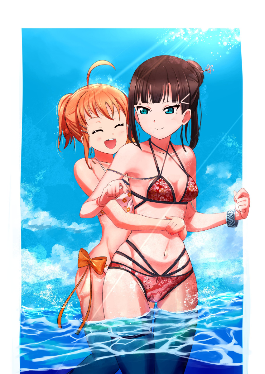 2girls absurdres alternate_hairstyle bikini bracelet cherry_blossom_print cowboy_shot floral_print greymon_(nodoame1215) hair_ornament hairpin highres hug hug_from_behind jewelry kurosawa_dia light_rays love_live! love_live!_sunshine!! multi-strapped_bikini multiple_girls swimsuit takami_chika wading wet