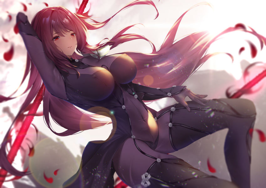 1girl absurdres arm_up bangs bodysuit breasts closed_mouth covered_navel fate/grand_order fate_(series) gae_bolg hair_between_eyes hair_intakes highres large_breasts long_hair looking_at_viewer pauldrons petals polearm purple_bodysuit purple_hair red_eyes scathach_(fate)_(all) scathach_(fate/grand_order) shoulder_armor smile spear thighs vanitas_0 weapon