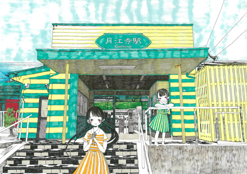2girls absurdres bangs black_eyes black_hair blush building densya_t feet_out_of_frame hands_together highres leaning long_hair looking_at_viewer multiple_girls no_nose original outdoors plant railing short_sleeves stairs striped_building traditional_media train_station twintails