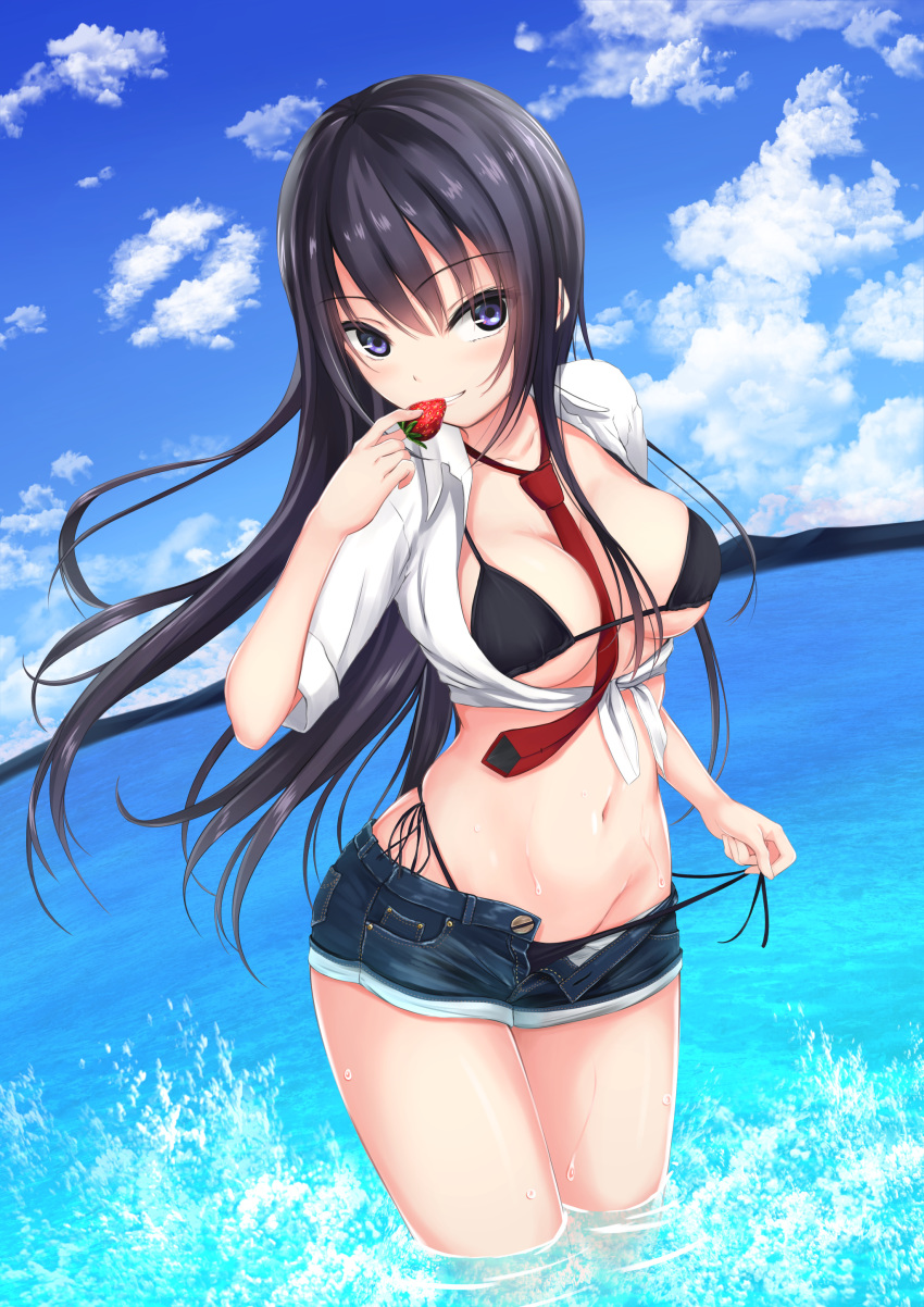 1girl absurdres bangs bare_legs bikini black_bikini black_hair blue_eyes blue_sky breasts clip_studio_paint_(medium) clouds collared_shirt commentary_request denim denim_shorts food fruit grin highres holding holding_food holding_fruit kurokami_(kurokaminohito) long_hair looking_at_viewer medium_breasts mountainous_horizon navel necktie ocean open_clothes open_shirt original red_neckwear shiramine_rika shirt short_shorts shorts side-tie_bikini sky smile solo swimsuit thighs unbuttoned water wet white_shirt