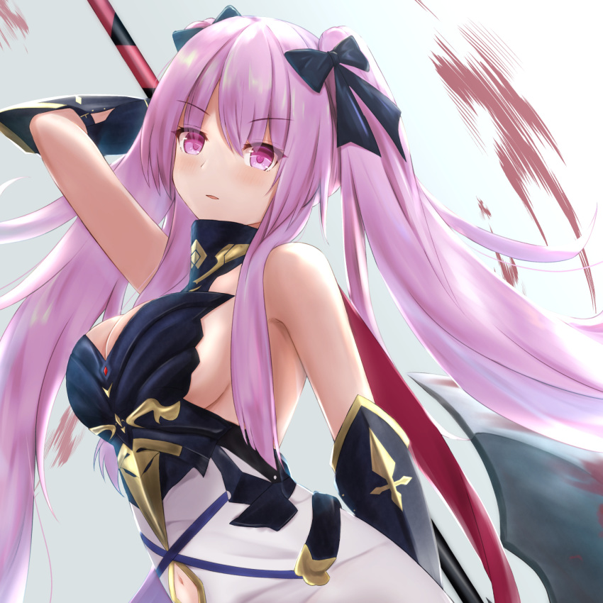 1girl amano_kusatsu arm_behind_back arm_up axe azur_lane bangs bare_shoulders black_ribbon blood bloody_weapon blush breasts commentary dress eyebrows_visible_through_hair gradient gradient_background grey_background hair_ribbon highres holding holding_weapon la_galissonniere_(azur_lane) large_breasts long_hair looking_at_viewer parted_lips pink_eyes pink_hair ribbon sleeveless sleeveless_dress solo upper_body weapon white_dress