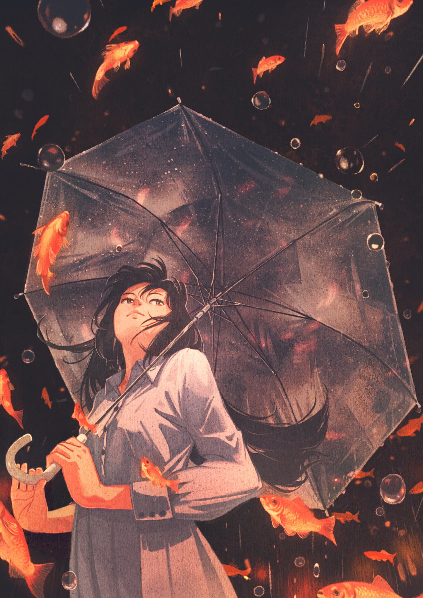 1girl black_background black_hair brown_eyes dress droplets fish gemi goldfish grey_dress highres holding holding_umbrella long_hair long_sleeves looking_up original standing umbrella