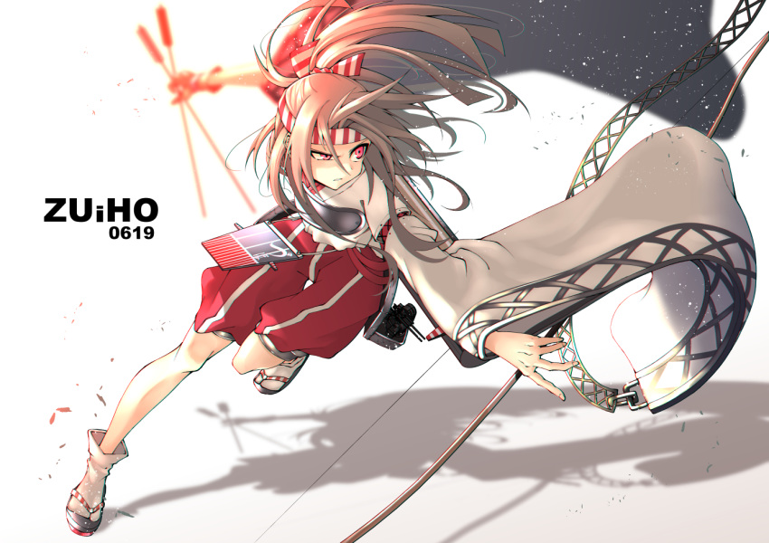 1girl akaneharu_ohkami arrow_(projectile) bow_(weapon) gloves hachimaki hakama hakama_pants headband high_ponytail holding holding_arrow holding_bow_(weapon) holding_weapon japanese_clothes kantai_collection light_brown_hair long_hair muneate pants partly_fingerless_gloves ponytail red_eyes red_hakama red_pants single_glove solo striped_headband tabi weapon white_legwear wide_sleeves yugake yumi_(bow) zouri zuihou_(kantai_collection)