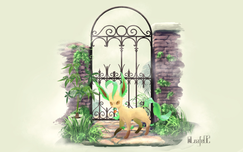 absurdres artist_name berry brown_eyes brown_sclera commentary_request full_body gate gen_4_pokemon grass highres leafe02 leafeon looking_at_viewer mouth_hold no_humans outdoors plant pokemon pokemon_(creature) potted_plant solo standing twitter_username watermark