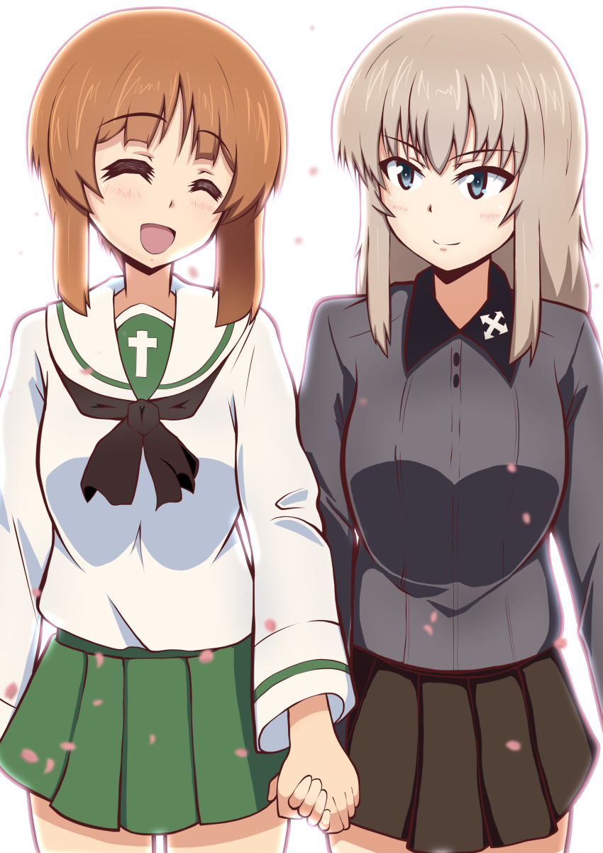 2girls :d absurdres backlighting bangs black_neckwear black_skirt blouse blue_eyes brown_hair clip_studio_paint_(medium) closed_eyes closed_mouth commentary dress_shirt eyebrows_visible_through_hair girls_und_panzer green_skirt grey_shirt heiden highres holding_hands insignia itsumi_erika kuromorimine_school_uniform long_sleeves looking_at_another medium_hair miniskirt multiple_girls neckerchief nishizumi_miho ooarai_school_uniform open_mouth petals pleated_skirt school_uniform serafuku shirt short_hair side-by-side silver_hair skirt smile white_background white_blouse wing_collar yuri