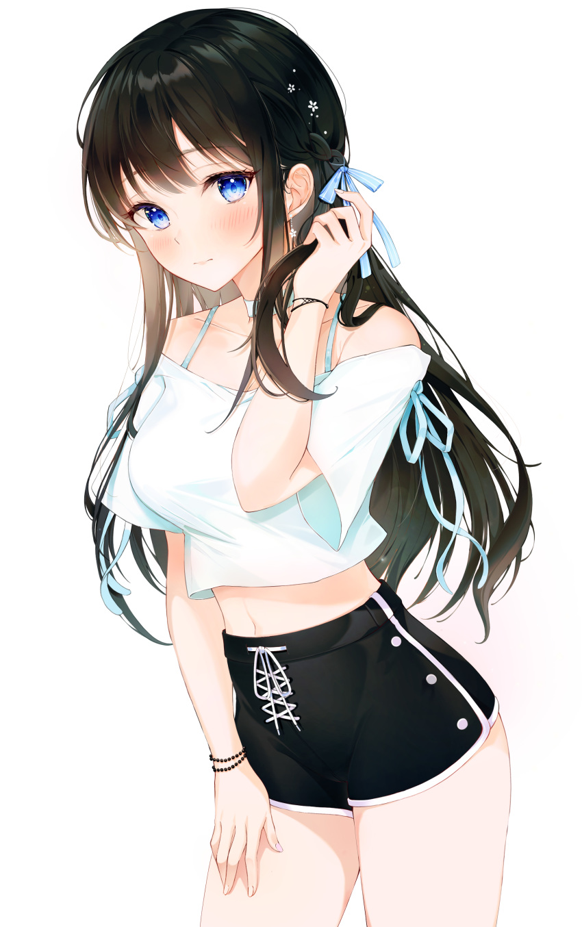 1girl 3: absurdres bare_shoulders black_hair black_shorts blue_eyes bra_strap bracelet breasts choker collarbone cowboy_shot crop_top crop_top_overhang dolphin_shorts hair_ribbon hand_on_own_thigh hand_up high-waist_shorts highres jewelry lebring long_hair looking_at_viewer medium_breasts midriff navel off-shoulder_shirt off_shoulder original revision ribbon shirt short_shorts short_sleeves shorts sidelocks simple_background solo spaghetti_strap standing thighs white_background white_choker white_shirt