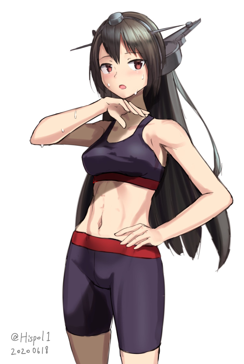 1girl alternate_costume bike_shorts black_hair black_shorts breasts commentary_request cowboy_shot headgear highres hispol kantai_collection long_hair looking_at_viewer medium_breasts midriff nagato_(kantai_collection) red_eyes shorts simple_background solo sports_bra sportswear sweat white_background