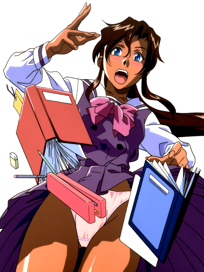 1990s_(style) 1girl ass_visible_through_thighs blue_eyes blush brown_hair dress eraser highres looking_at_viewer miyazawa_mayu necktie notebook panties paper pencil pencil_case pink_neckwear pink_panties ponytail purple_dress purple_skirt school_uniform skirt tan underwear white_sleeves yamada_masaki zenkoku_seifuku_bishoujo_grand_prix