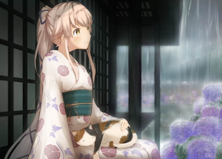 1girl absurdres alternate_costume animal animal_on_lap architecture bangs cat cat_on_lap closed_mouth commentary_request east_asian_architecture eyebrows_visible_through_hair floral_print flower from_side hair_ornament hair_ribbon highres japanese_clothes kantai_collection kimono long_hair looking_at_viewer obi pink_hair ponytail rain ribbon sash shanghmely sitting smile solo very_long_hair wide_sleeves yellow_eyes yukata yura_(kantai_collection)