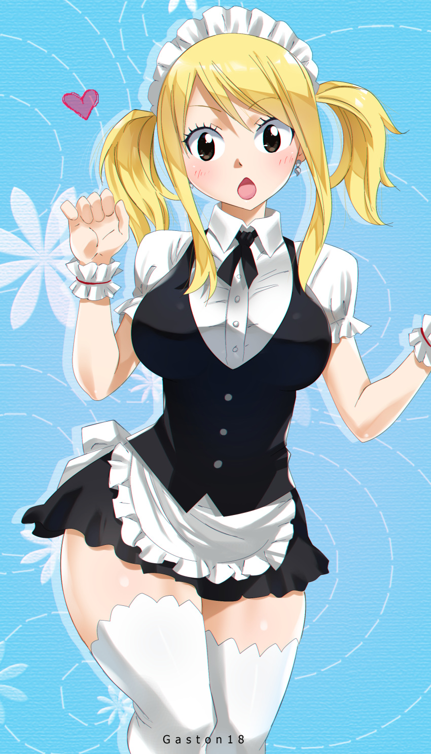 1girl absurdres artist_name blonde_hair blue_background blush breasts brown_eyes earrings eyebrows_visible_through_hair fairy_tail feet_out_of_frame gaston18 hair_between_eyes highres jewelry large_breasts looking_at_viewer lucy_heartfilia maid maid_headdress medium_hair open_mouth short_sleeves skirt solo standing thigh-highs tongue twintails watermark white_legwear wrist_cuffs