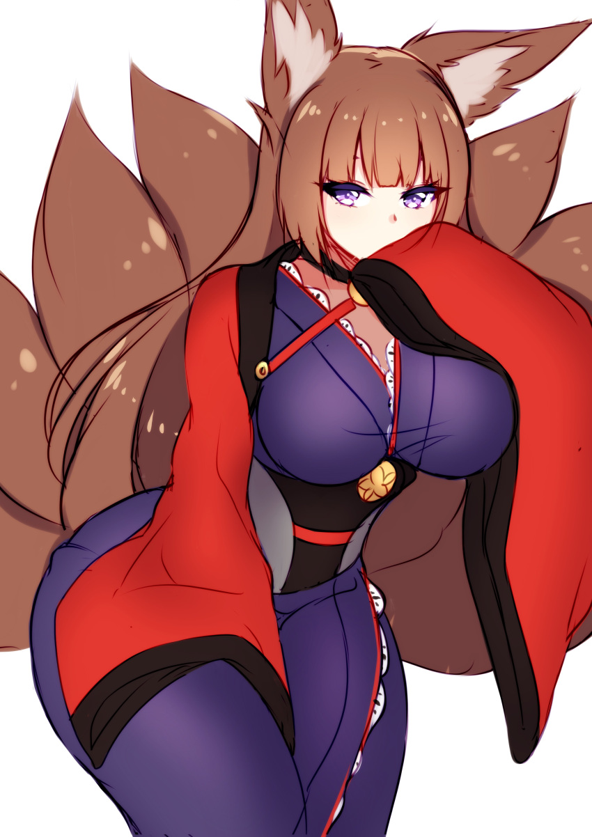 absurdres amagi_(azur_lane) animal_ears azur_lane bangs black_kimono blunt_bangs breasts brown_hair coat corset fox_ears fox_girl fox_tail hand_on_hip highres japanese_clothes kimono kitsune kuro_kitsune large_breasts long_hair multiple_tails red_coat sakuramon tail thick_thighs thighs violet_eyes wide_sleeves