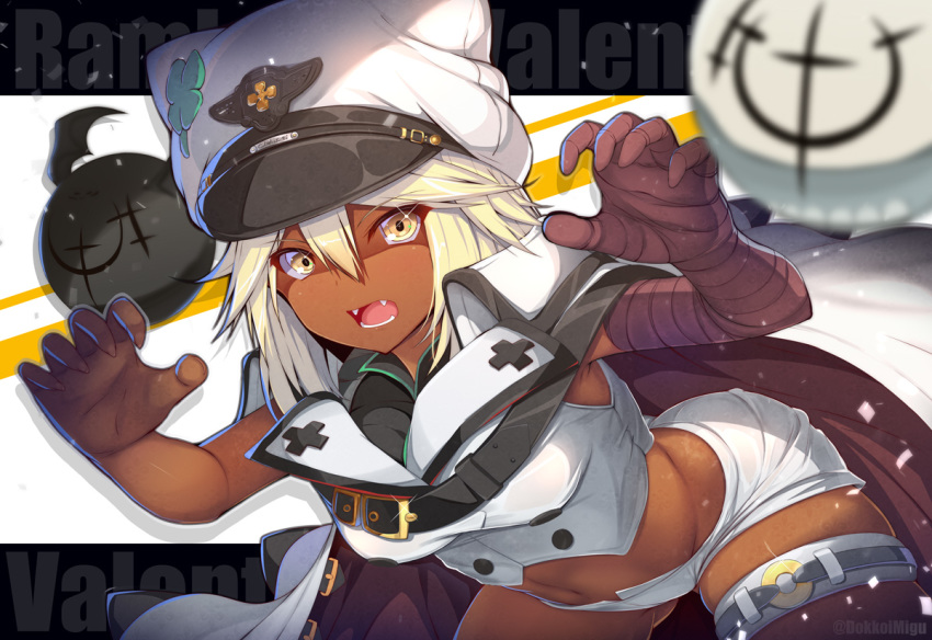 1girl bandaged_arm bandages bangs belt belt_buckle bent_over black_belt blonde_hair breasts buckle buttons character_name claw_pose clover cowboy_shot dark_skin eyebrows_visible_through_hair fangs four-leaf_clover glint guilty_gear guilty_gear_strive hair_between_eyes hat hat_with_ears looking_at_viewer medium_breasts medium_hair micro_shorts migumigu navel o-ring open_fly ramlethal_valentine shorts solo sparkle teeth thigh_strap twitter_username white_headwear white_shorts yellow_eyes