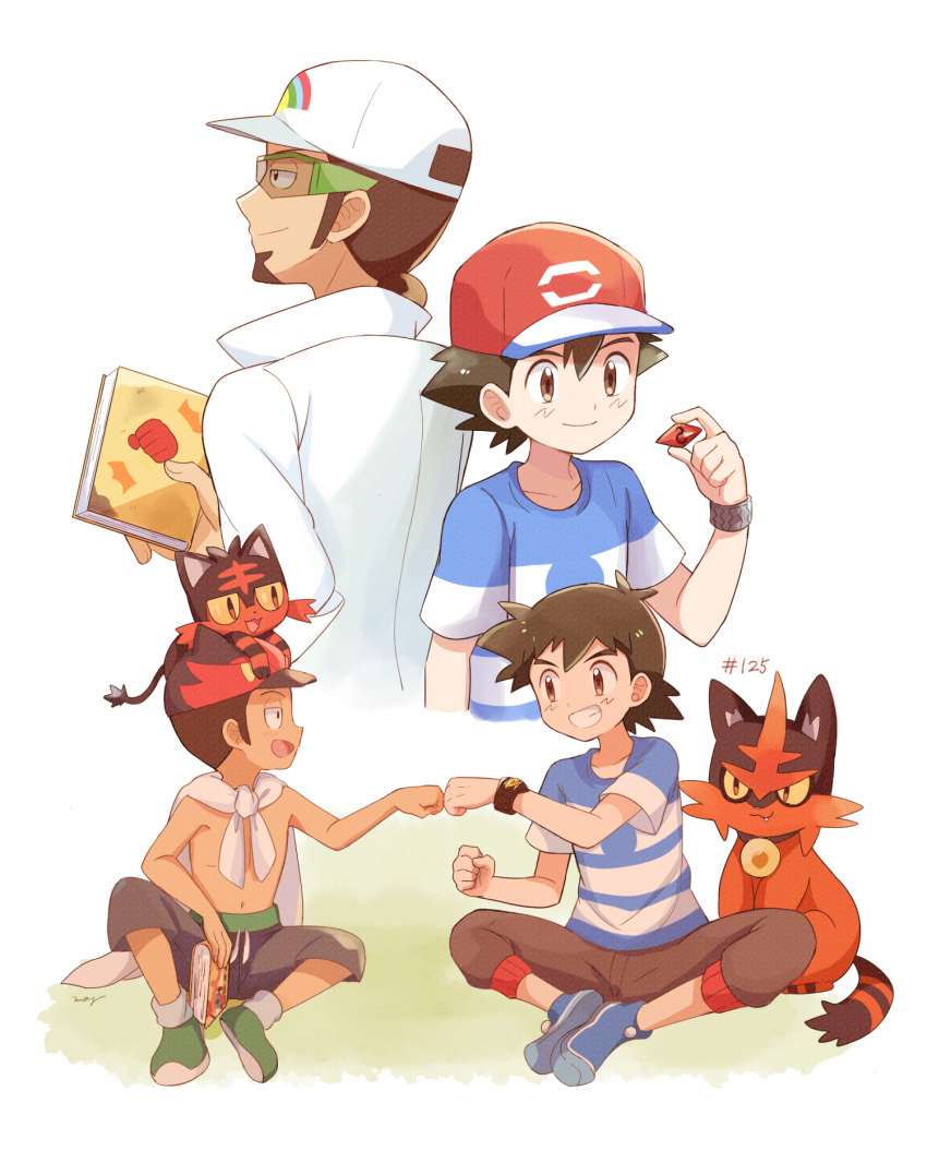 2boys baseball_cap black_hair blue_footwear book brown_eyes brown_hair brown_pants eye_contact fist_bump gen_7_pokemon green_footwear grin hat highres holding holding_book indian_style kukui_(pokemon) litten looking_at_another mei_(maysroom) multiple_boys multiple_views on_head open_mouth pants pokemon pokemon_(anime) pokemon_(creature) pokemon_on_head pokemon_sm125 pokemon_sm_(anime) satoshi_(pokemon) shirt sitting smile spiky_hair striped striped_shirt tagme tied_shirt torracat upper_body younger z-ring