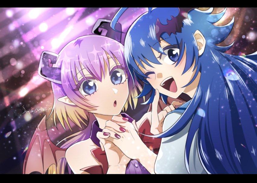 1boy 1girl :d :o ahoge bare_shoulders bat_hair_ornament blue_eyes blue_hair brown_hair commentary_request crocell_kerori crossdressinging demon_girl demon_wings gradient_hair hair_ornament holding_hands horns letterboxed long_hair looking_at_another looking_at_viewer looking_back mairimashita!_iruma-kun multicolored_hair nail_polish one_eye_closed open_mouth pointy_ears purple_hair red_nails senjoh_maiko smile suzuki_iruma wig wings