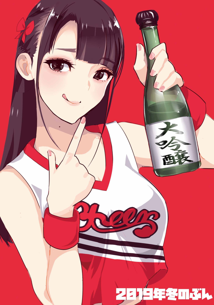 1girl 2019 absurdres ameya_shioichi bangs blunt_bangs bottle bow breasts brown_eyes brown_hair character_request cheerleader hair_bow highres long_hair medium_breasts pink_nails pointing real_life red_background seiyuu smile solo swept_bangs tongue tongue_out translation_request upper_body wristband