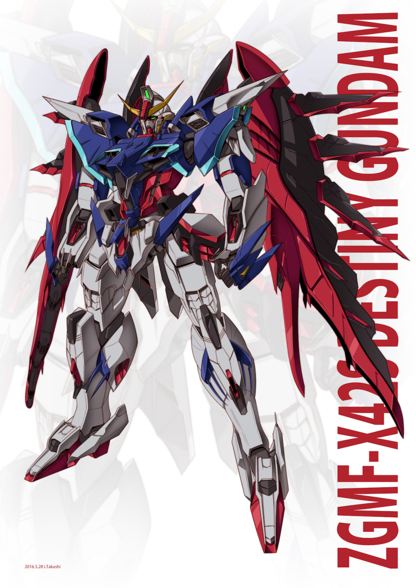 character_name clenched_hands clip_studio_paint_(medium) destiny_gundam green_eyes gundam gundam_seed gundam_seed_destiny highres i.takashi mecha mechanical_wings no_humans redesign solo v-fin wings zoom_layer