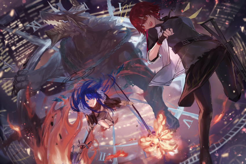 2girls aito arknights black_jacket black_shorts blue_eyes blue_hair detached_wings energy_wings exusiai_(arknights) fur-trimmed_hood fur-trimmed_jacket fur_trim gloves gun halo highres hood horns id_card jacket kriss_vector mismatched_gloves mostima_(arknights) multiple_girls penguin_logistics_(arknights) penguin_logistics_logo raglan_sleeves red_eyes redhead shorts submachine_gun weapon white_jacket wings