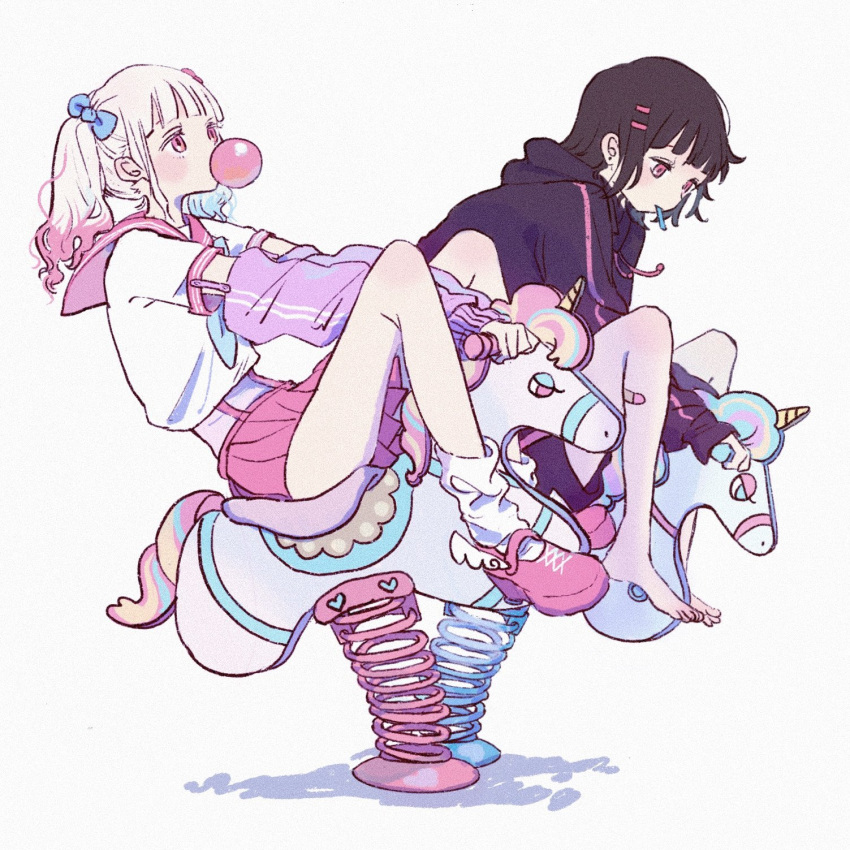 2girls barefoot black_hair black_hoodie chewing_gum highres hood hoodie kougouseitanosi long_sleeves miniskirt multicolored_hair multiple_girls original pink_eyes pink_sailor_collar pink_skirt sailor_collar shirt sidelocks simple_background skirt tagme twintails two-tone_hair unicorn white_background white_hair white_shirt