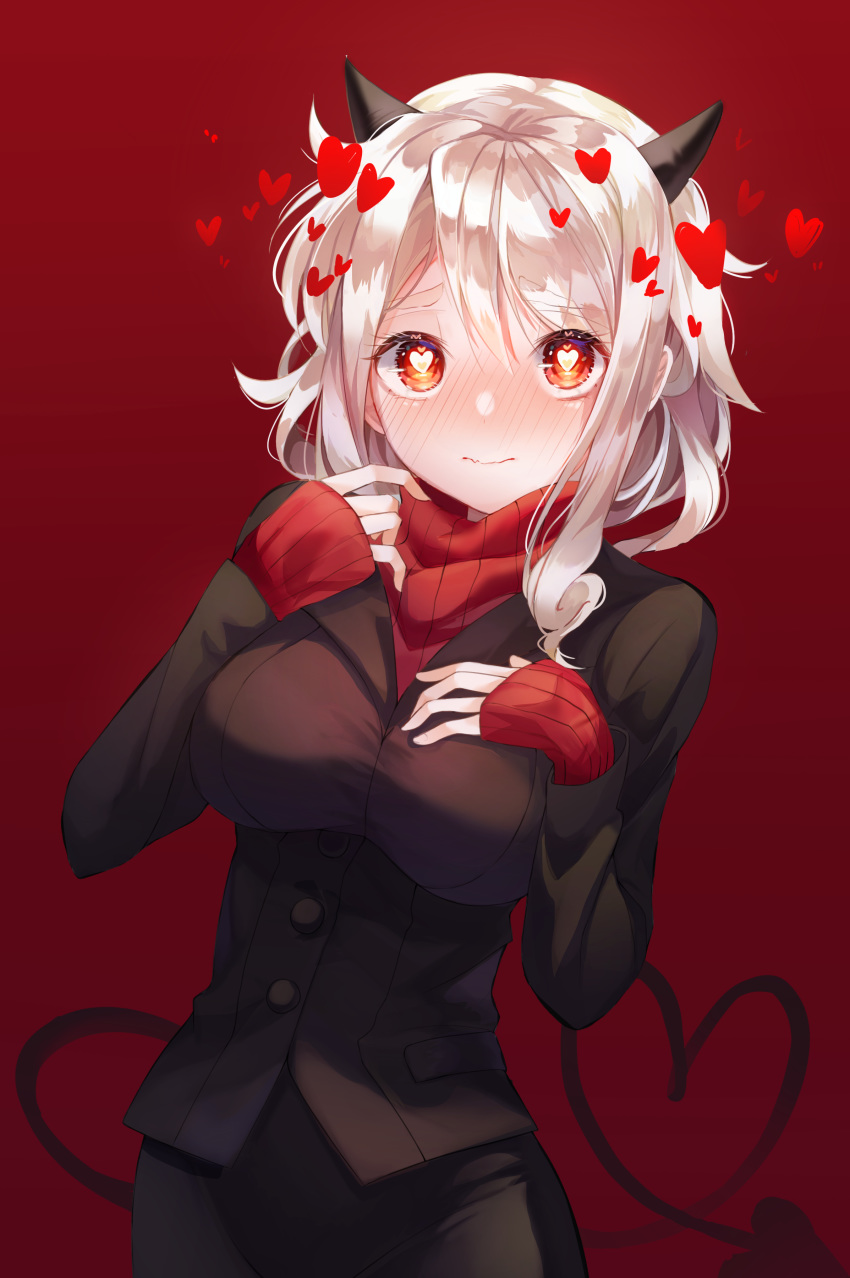 1girl absurdres black_horns black_suit blush breasts commentary demon_girl demon_horns demon_tail heart heart-shaped_pupils helltaker highres horns large_breasts lisi long_sleeves looking_at_viewer modeus_(helltaker) red_background red_eyes red_sweater ribbed_sweater short_hair simple_background solo sweater symbol-shaped_pupils tail turtleneck white_hair