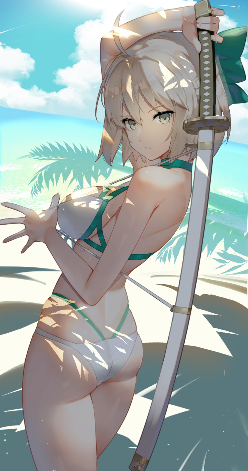 1girl absurdres ahoge aqua_bow arm_up ass bangs bare_arms bare_shoulders beach bikini blue_sky bow breasts clouds commentary cowboy_shot day fate/grand_order fate_(series) grey_eyes hair_between_eyes hair_bow highres holding holding_sword holding_weapon katana looking_at_viewer medium_breasts okita_souji_(fate) okita_souji_(fate)_(all) outdoors short_hair silver_hair sky solo standing sukocchi swimsuit sword thighs weapon white_bikini