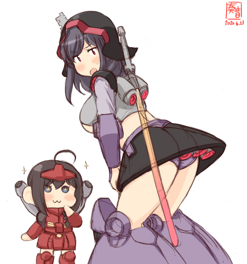 2girls :3 ahoge alternate_costume artist_logo beam_saber black_hair blue_eyes blush braid breasts brown_hair child commentary_request cosplay dated dom dom_(cosplay) embarrassed energy_sword guncannon guncannon_(cosplay) gundam hair_ornament hair_over_shoulder highres kanon_(kurogane_knights) kantai_collection large_breasts mobile_suit_gundam multiple_girls open_mouth red_eyes shigure_(kantai_collection) simple_background single_braid sparkle sweatdrop sword under_boob weapon white_background yamashiro_(kantai_collection) younger