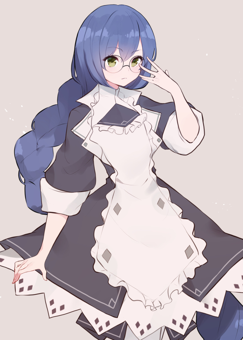 1girl adjusting_eyewear bangs black_dress blue_hair breasts dress eyebrows_visible_through_hair frown glasses green_eyes grey_background highres long_hair looking_at_viewer open_hand original ponytail sakotach sleeves_folded_up small_breasts solo standing white_dress