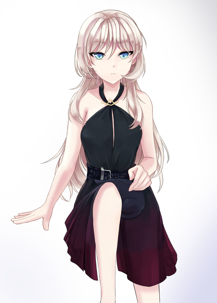 1girl absurdres an-94_(girls_frontline) bare_legs belt black_dress blonde_hair blue_eyes breasts dress girls_frontline hair_between_eyes highres jewelry jm289600 knee_up long_hair looking_at_viewer small_breasts solo white_background