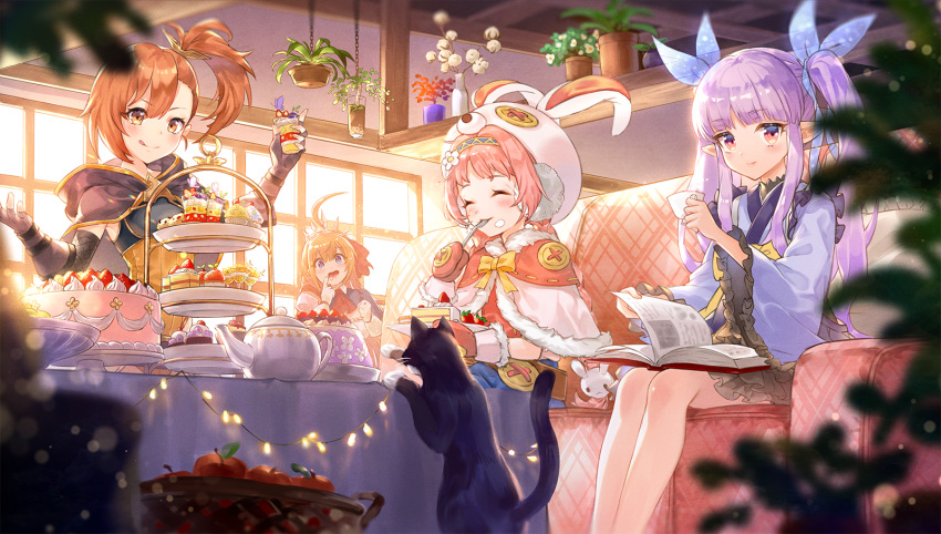 4girls :p ahoge apple bangs blue_eyes book bow braid buttons cake cape capelet cat closed_eyes couch cup cupcake earmuffs earrings eating eyebrows_visible_through_hair finger_to_mouth fingerless_gloves food fork fork_in_mouth frilled_sleeves frills fruit fur_trim gloves hair_ribbon hat heart heart-shaped_pupils highres holding honyaru_(nanairo39) indoors japanese_clothes jewelry kyouka_(princess_connect!) light_particles mimi_(princess_connect!) misogi_(princess_connect!) mittens multiple_girls orange_eyes orange_hair parfait pecorine pink_eyes pink_hair plant pointy_ears princess_connect! princess_connect!_re:dive purple_hair ribbon saliva short_hair side_ponytail sitting sleeveless smile sunlight symbol-shaped_pupils teacup teapot tongue tongue_out twintails window