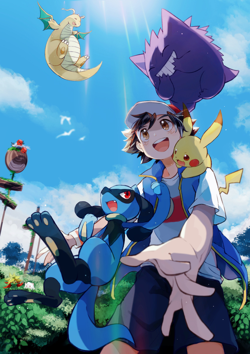 1boy :d absurdres baseball_cap black_hair brown_eyes clouds commentary_request day dragonite fletchling from_below gen_1_pokemon gen_4_pokemon gen_6_pokemon gen_8_pokemon gengar gossifleur happy hat highres light_blush light_rays on_shoulder open_mouth outdoors pikachu pokemon pokemon_(anime) pokemon_(creature) pokemon_on_shoulder pokemon_swsh_(anime) riolu satoshi_(pokemon) shirt shorts sky smile spread_fingers sunbeam sunlight swirlix teeth tongue upper_teeth white_shirt wristband xue_ezi