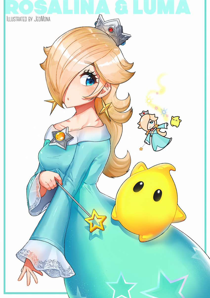 1girl absurdres aqua_dress aqua_eyes blonde_hair blue_dress blue_eyes blush chibi crown dress earrings eyebrows highres jeomona jewelry light_blue_dress long_hair long_sleeves luma_(mario) super_mario_bros. rosalina sphere_earrings star_(symbol) star_earrings star_ornament super_smash_bros. umbrella wand yellow_earrings