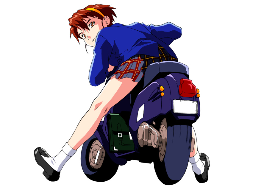 1990s_(style) 1girl brown_eyes brown_hair hairband looking_at_viewer looking_back mary_janes motorized_scooter plaid plaid_skirt school_uniform shoes skirt takiguchi_shouko white_legwear yamada_masaki zenkoku_seifuku_bishoujo_grand_prix