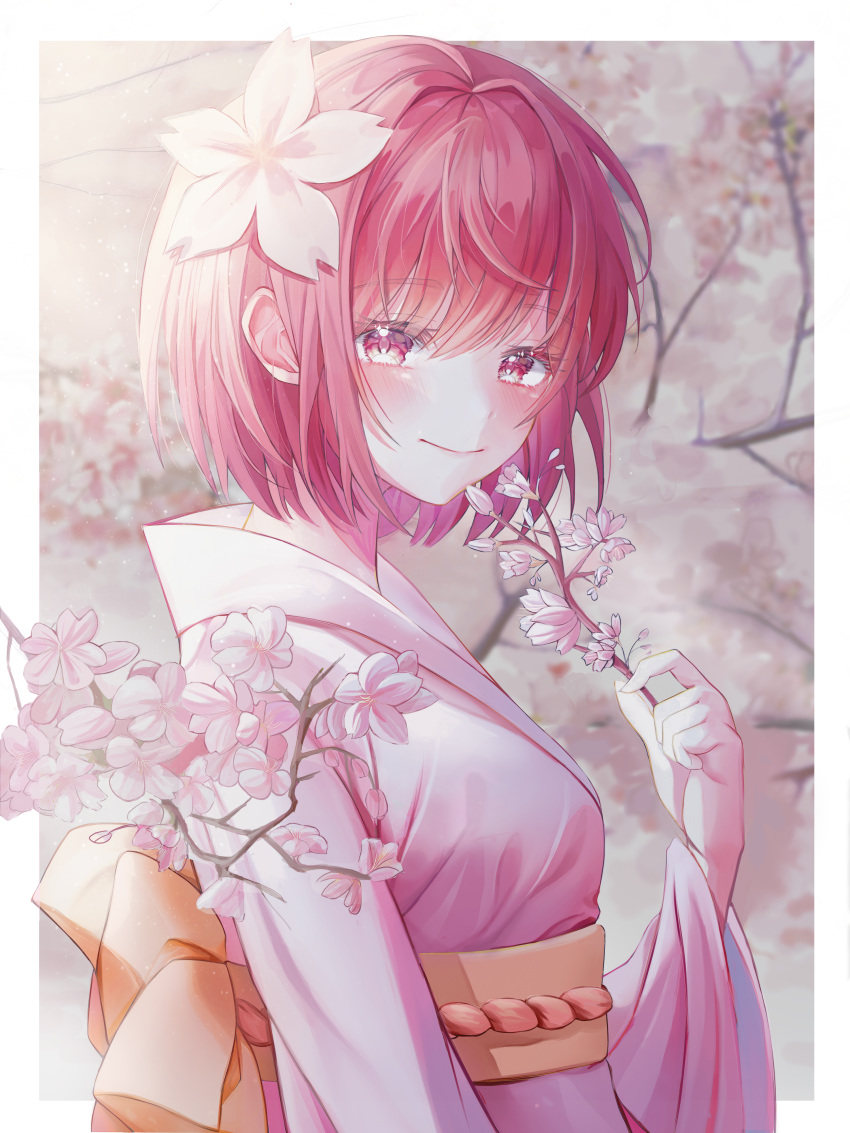 1girl absurdres bangs blush breasts cherry_blossoms eyebrows_visible_through_hair flower from_side hair_flower hair_ornament highres holding huge_filesize japanese_clothes kimono light_smile lisi long_sleeves looking_at_viewer medium_breasts obi original pink_flower pink_hair pink_kimono sash solo white_flower wide_sleeves