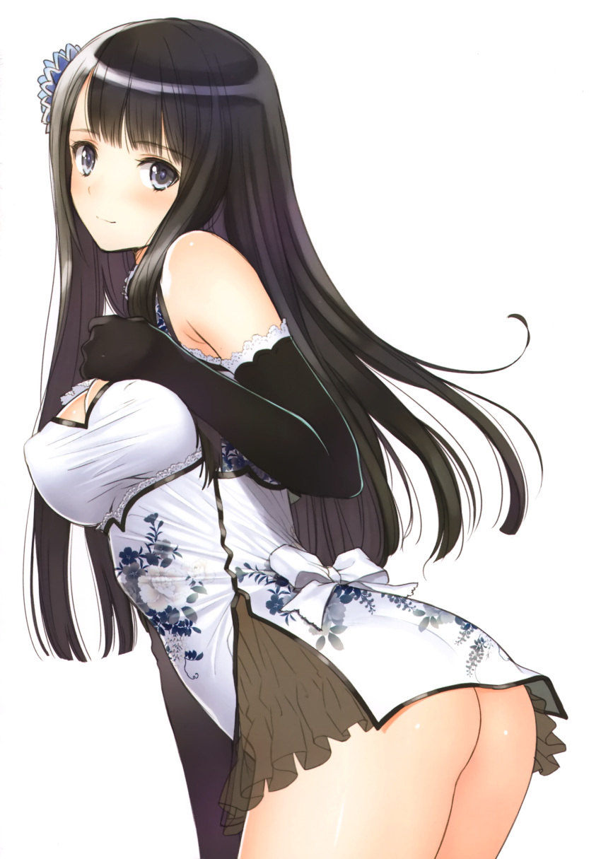 1girl absurdres ass black_gloves black_hair blue_eyes blush china_dress chinese_clothes dress elbow_gloves flower gloves hair_flower hair_ornament highres long_hair looking_at_viewer no_panties original panties ping-yi scan shiny shiny_skin simple_background smile solo tanaka_takayuki underwear white_background