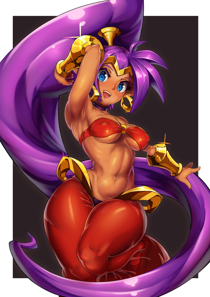 absurdres arabian_clothes arm_up armpits bandeau belmate blue_eyes bracer breasts choker clip_studio_paint_(medium) covered_nipples earrings hair_ornament harem_pants high_ponytail highres hoop_earrings jewelry long_hair looking_at_viewer medium_breasts navel open_mouth outstretched_arm pants purple_hair ribs shantae_(character) shantae_(series) smile stomach sweat tan tiara toned under_boob upper_teeth very_long_hair